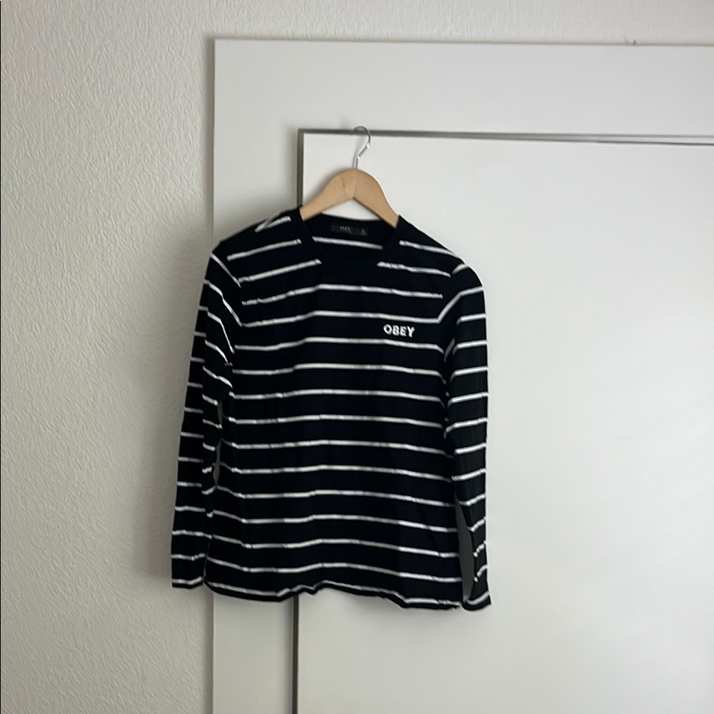 Obey Black and White Long Sleeve Striped Tee